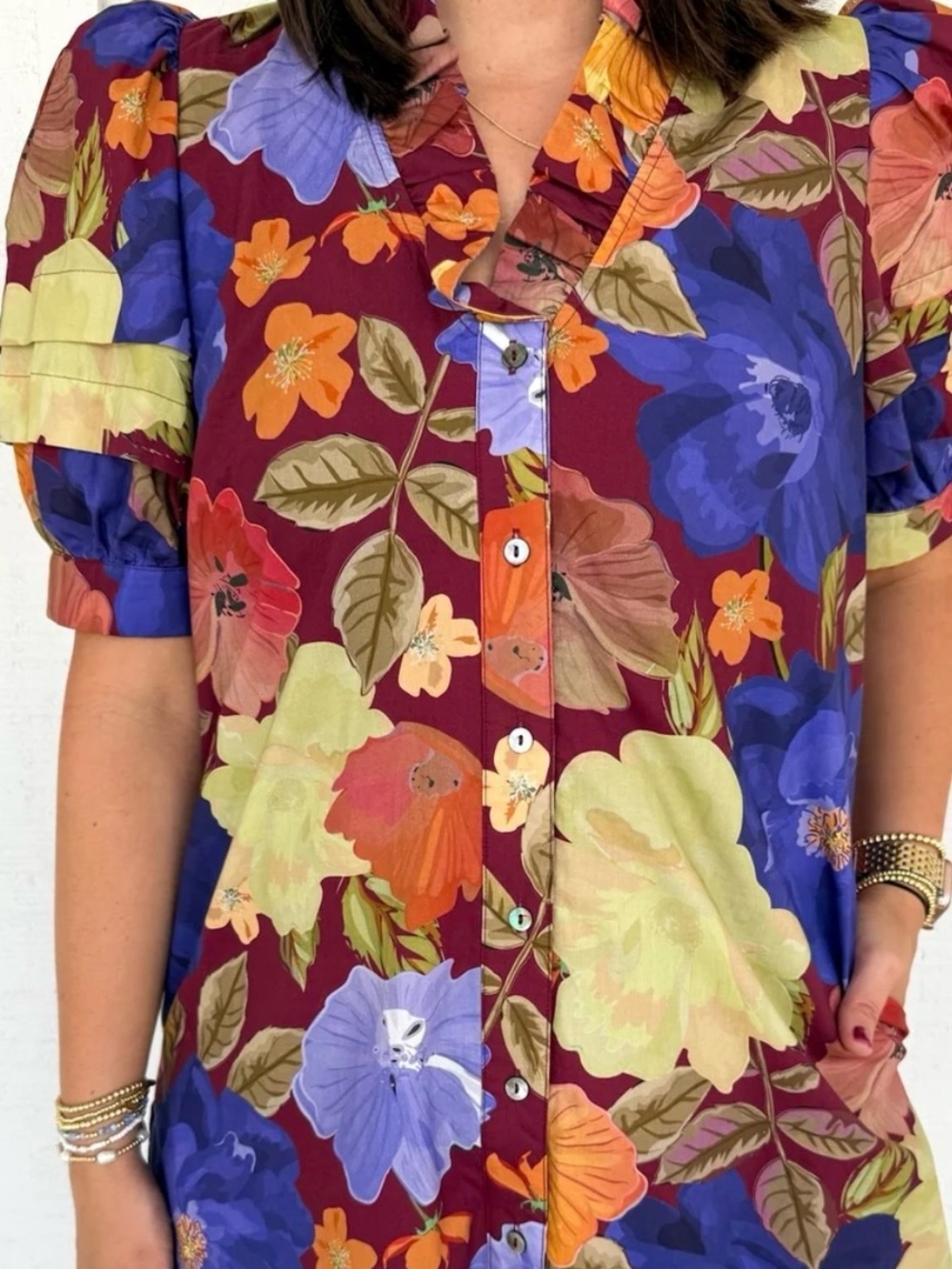 entro Burgundy Floral Button-Down Dress with Multicolor Blooms